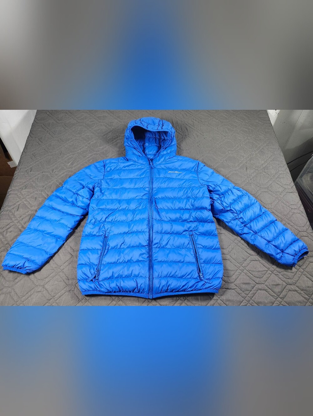 Eddie Bauer Unisex Kids XL Blue Hooded Down Puffer Jacket Zip Front Pockets